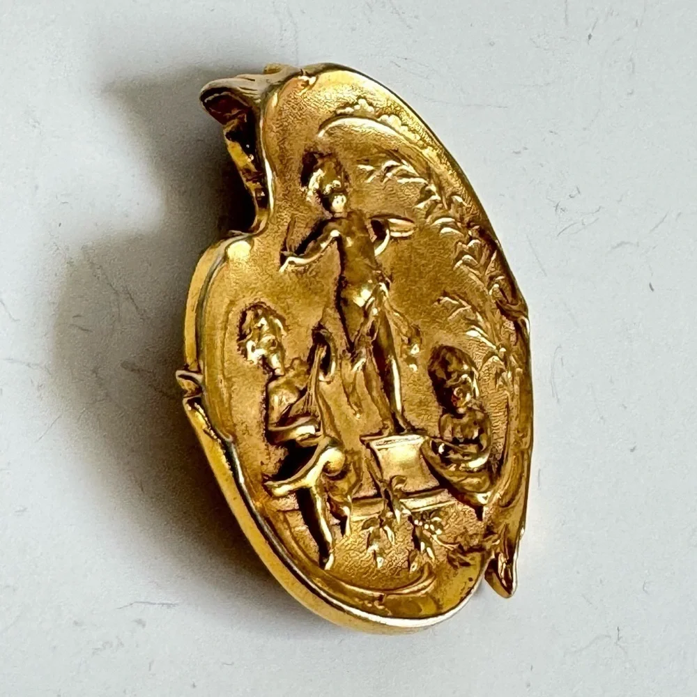 Vintage Cherub Brooch Art Nouveau Style Gold Plated Angel Pin Estate‎ Piece